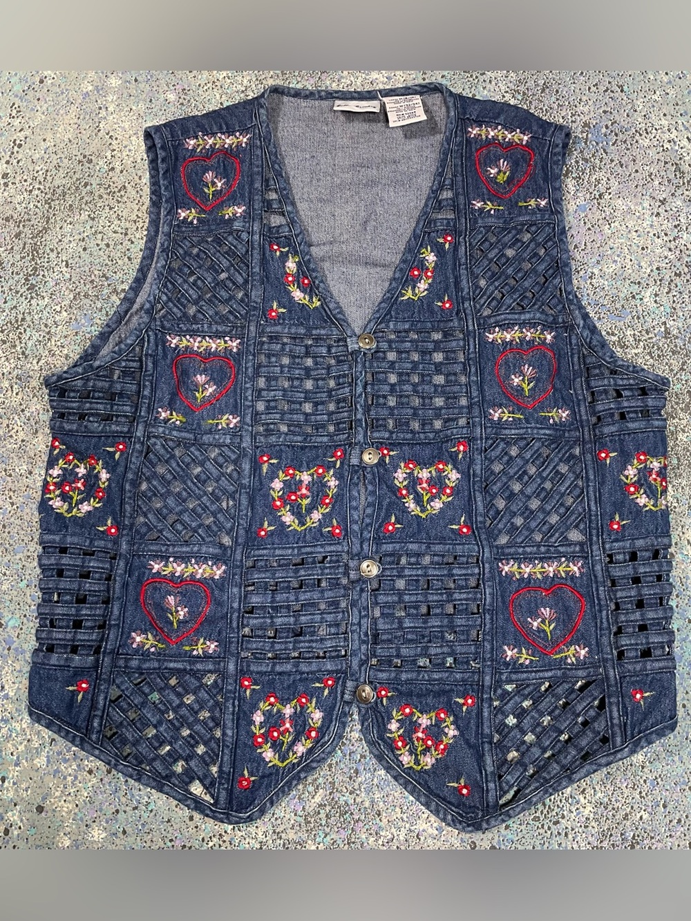 Vintage 90s Bobbie Brooks Denim Vest Medium Floral Hearts Cottagecore Embroidere